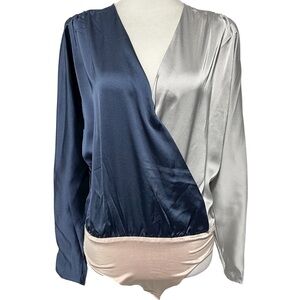 New Strut & Bolt Two Tone Satin Long Sleeve Bodysuit Blue Silver Size Medium